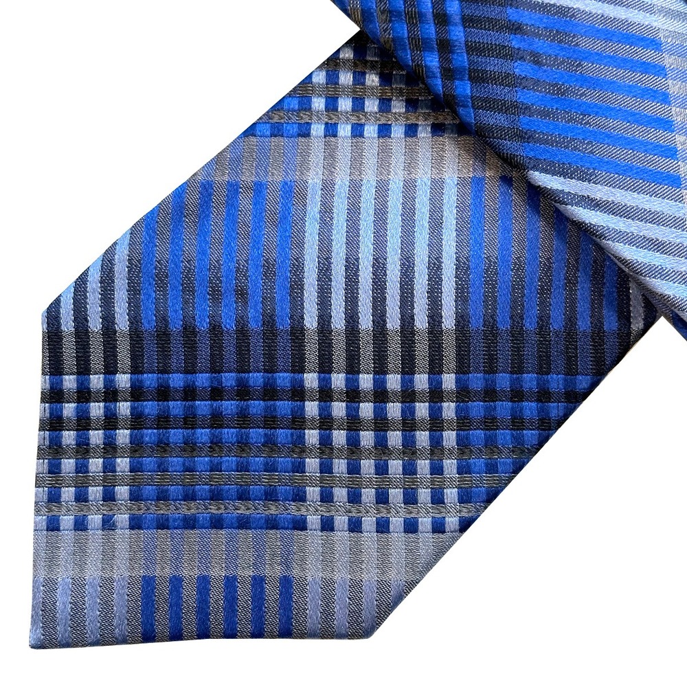 GEORGE Men's Modern Plaid‎ Tie • 100% Silk • blue, black, gray